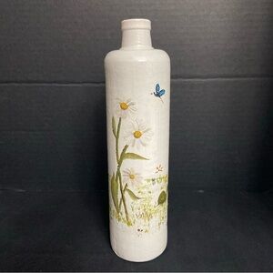 Vtg Stoneware Pottery Bottle Vase Vessel Hand Painted Flowers Turtle